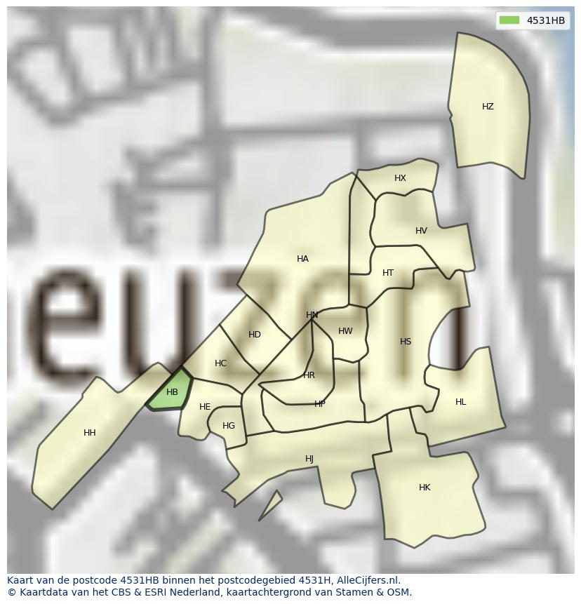 Afbeelding van het postcodegebied 4531 HB op de kaart.