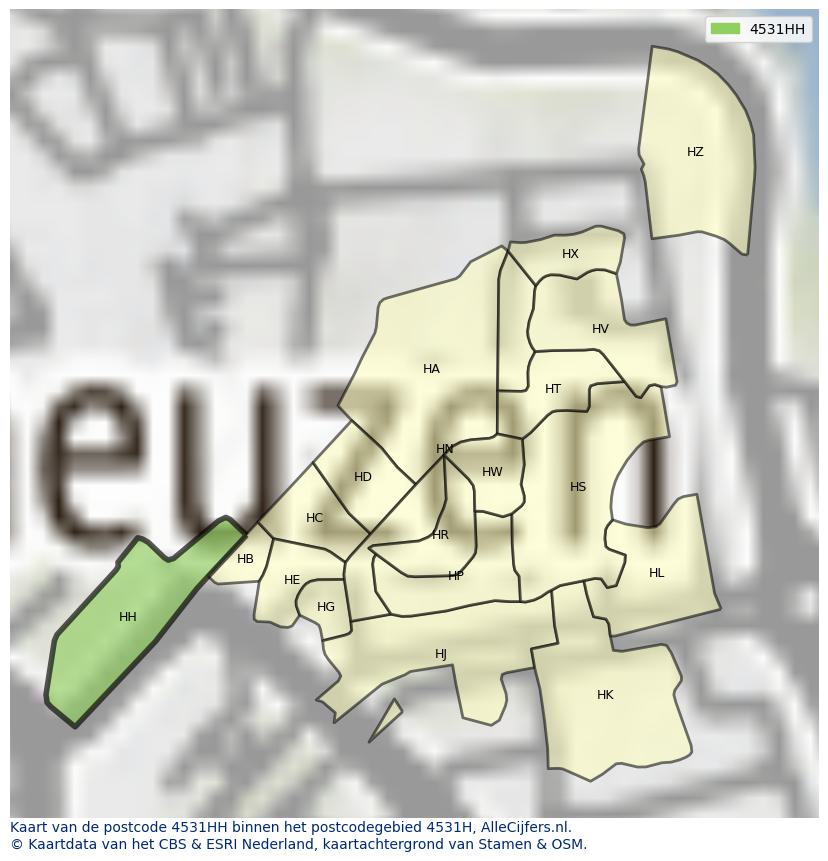 Afbeelding van het postcodegebied 4531 HH op de kaart.