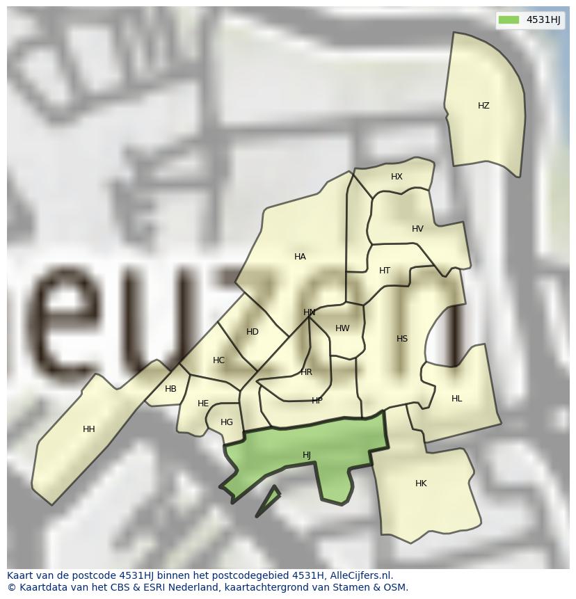 Afbeelding van het postcodegebied 4531 HJ op de kaart.