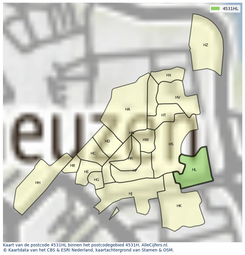 Afbeelding van het postcodegebied 4531 HL op de kaart.