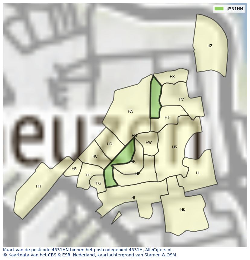 Afbeelding van het postcodegebied 4531 HN op de kaart.