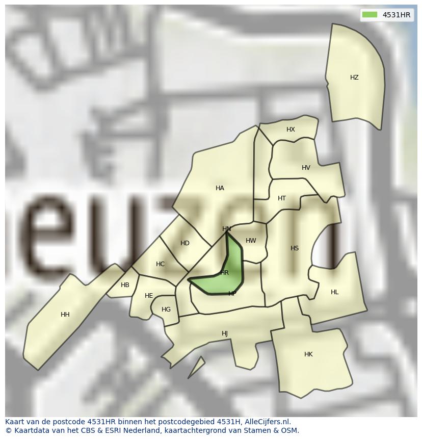 Afbeelding van het postcodegebied 4531 HR op de kaart.