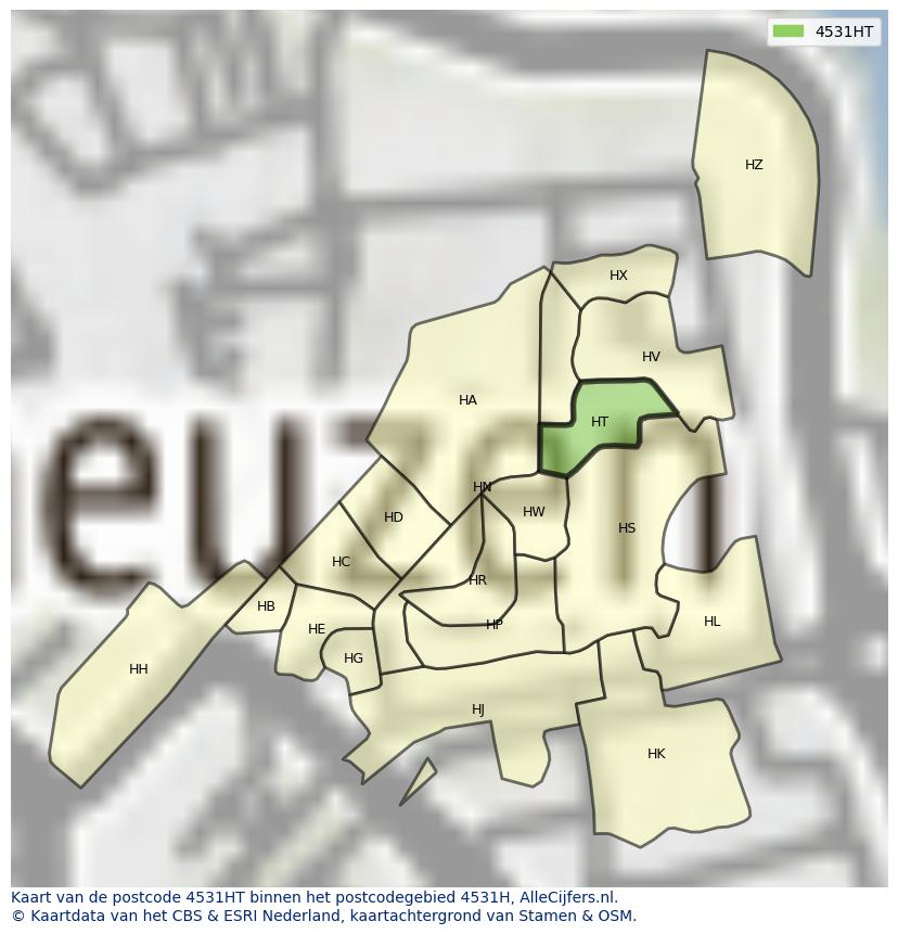 Afbeelding van het postcodegebied 4531 HT op de kaart.