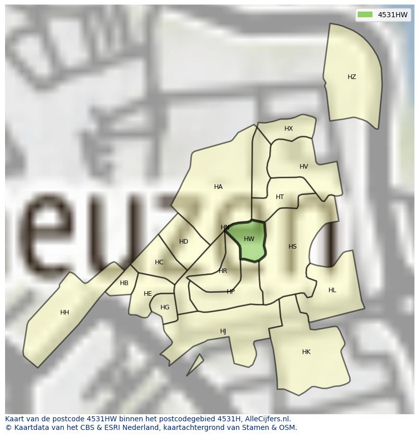 Afbeelding van het postcodegebied 4531 HW op de kaart.