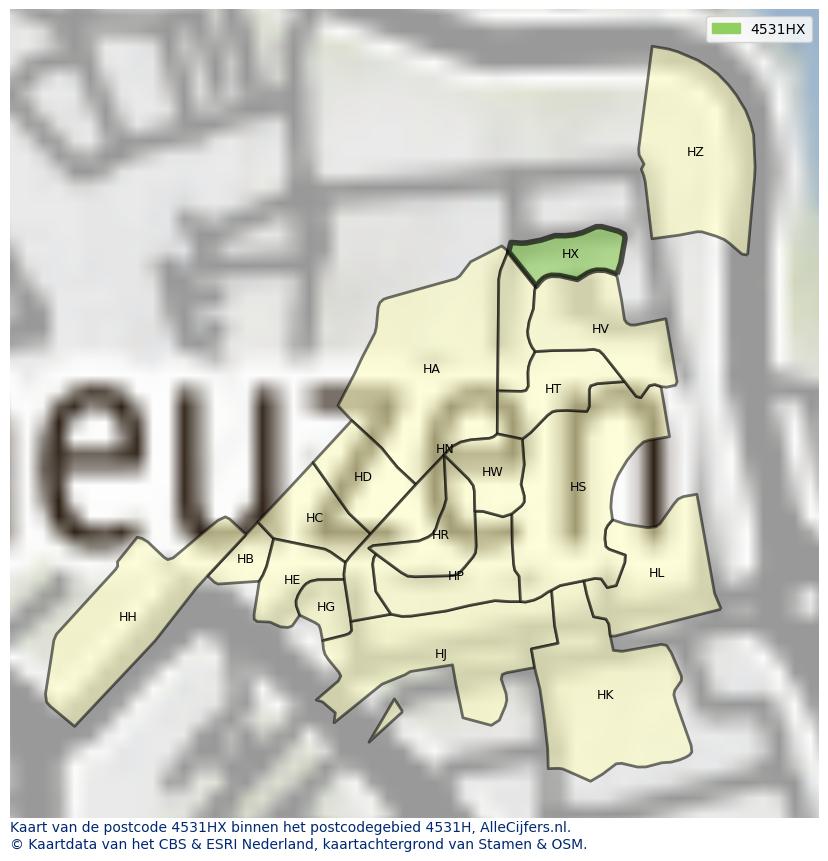 Afbeelding van het postcodegebied 4531 HX op de kaart.