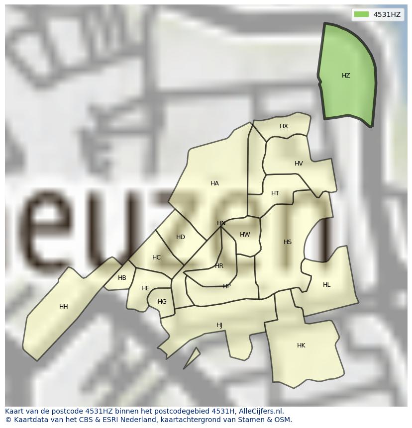 Afbeelding van het postcodegebied 4531 HZ op de kaart.