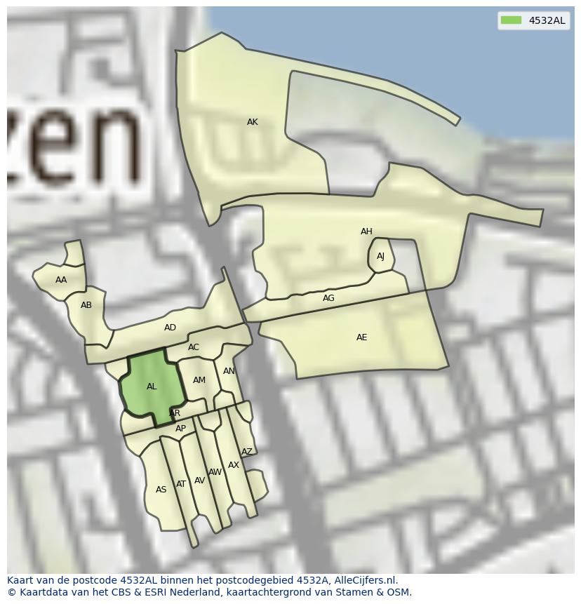 Afbeelding van het postcodegebied 4532 AL op de kaart.