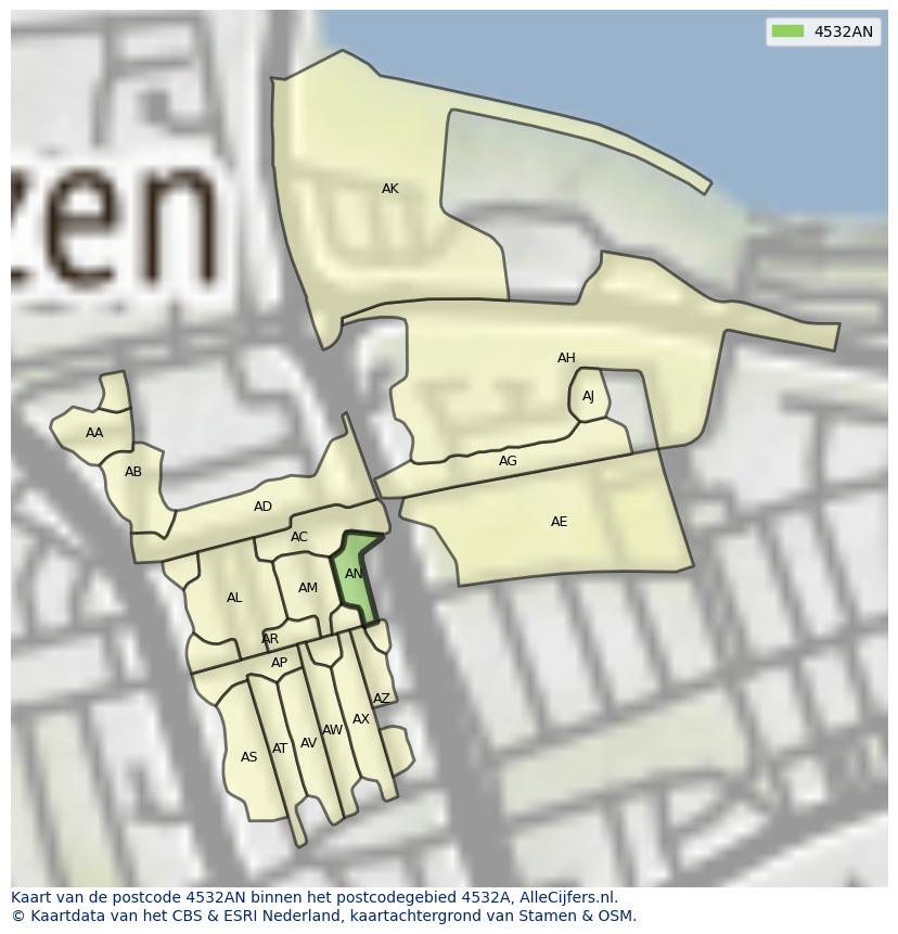 Afbeelding van het postcodegebied 4532 AN op de kaart.