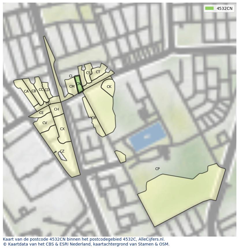 Afbeelding van het postcodegebied 4532 CN op de kaart.