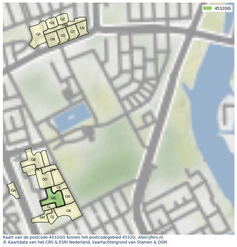 Afbeelding van het postcodegebied 4532 GG op de kaart.