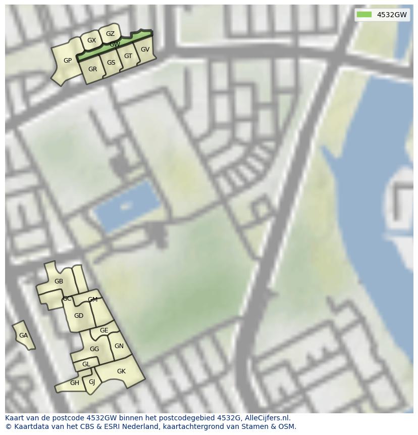 Afbeelding van het postcodegebied 4532 GW op de kaart.