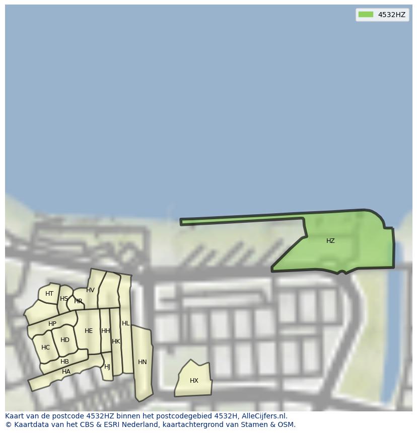 Afbeelding van het postcodegebied 4532 HZ op de kaart.