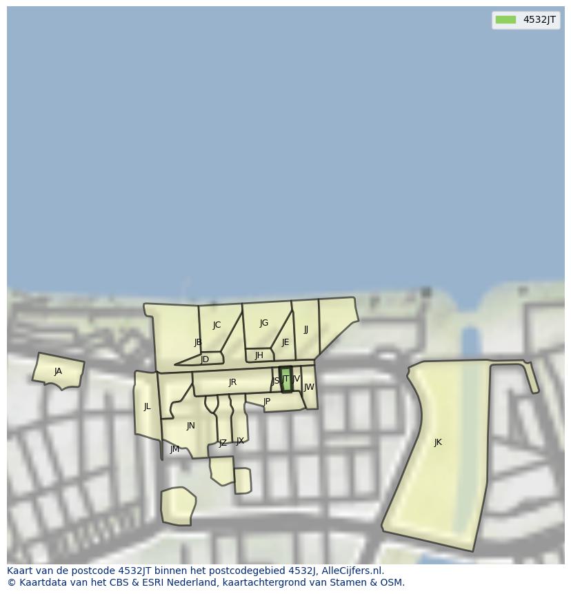 Afbeelding van het postcodegebied 4532 JT op de kaart.