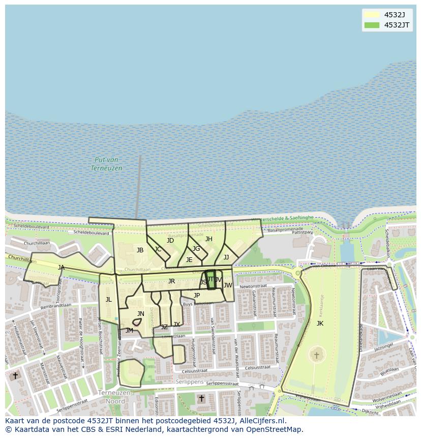 Afbeelding van het postcodegebied 4532 JT op de kaart.