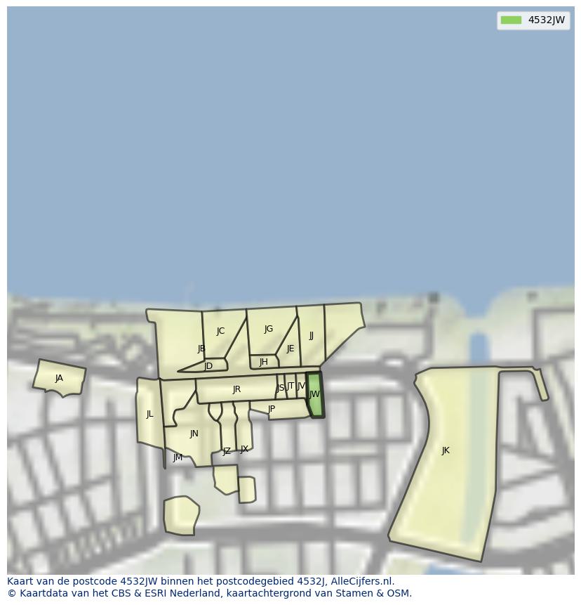 Afbeelding van het postcodegebied 4532 JW op de kaart.