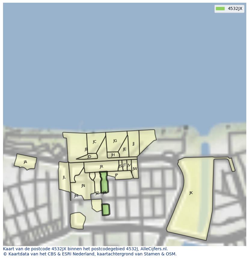 Afbeelding van het postcodegebied 4532 JX op de kaart.