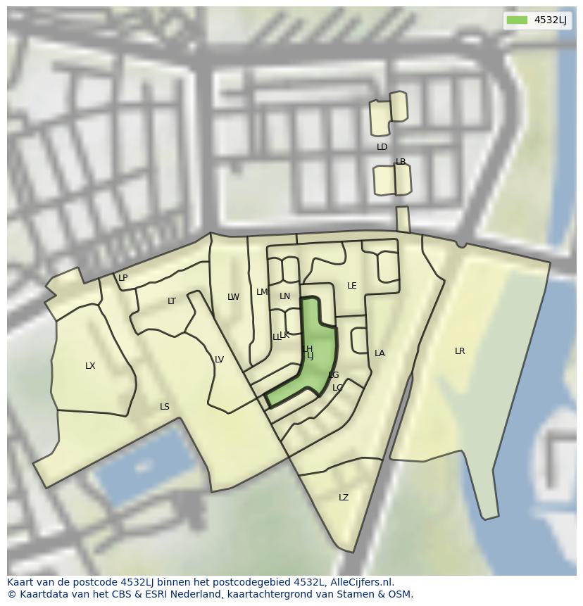 Afbeelding van het postcodegebied 4532 LJ op de kaart.