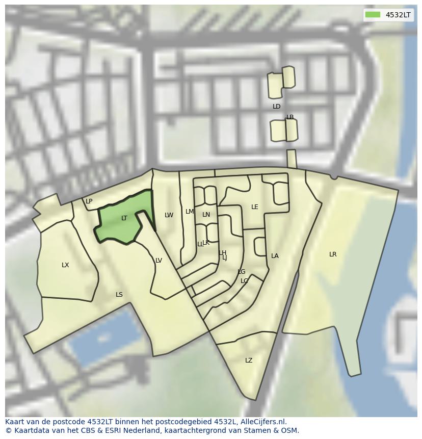 Afbeelding van het postcodegebied 4532 LT op de kaart.
