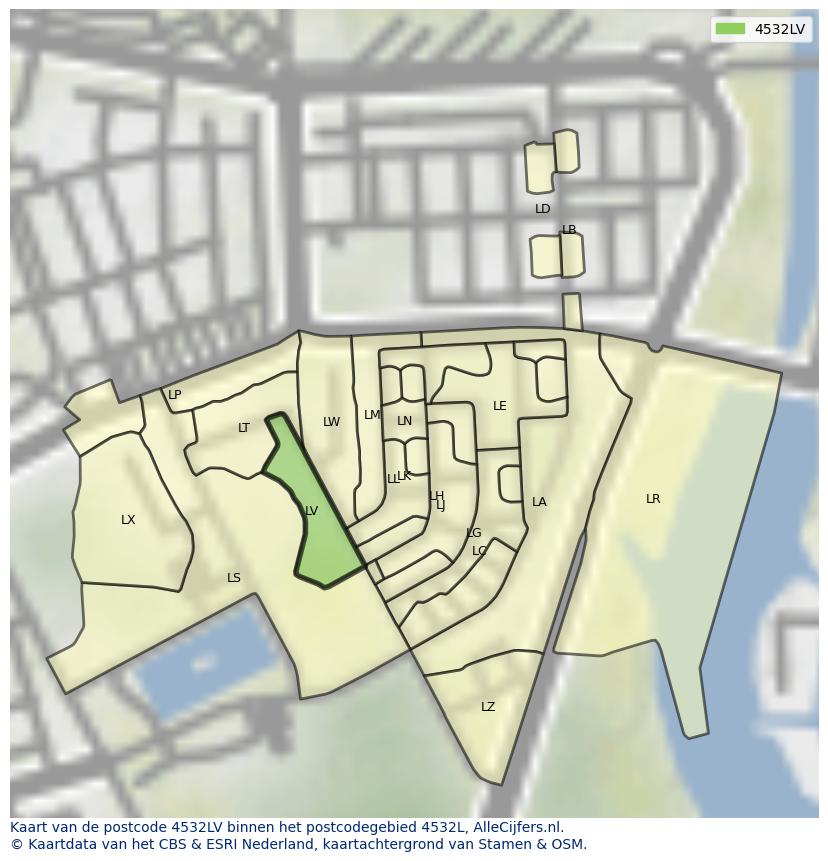 Afbeelding van het postcodegebied 4532 LV op de kaart.