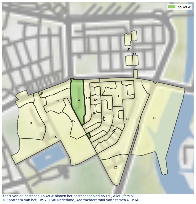 Afbeelding van het postcodegebied 4532 LW op de kaart.
