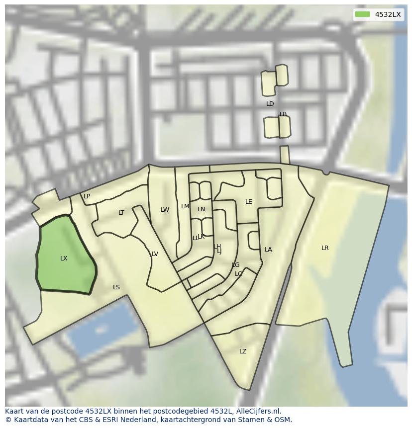 Afbeelding van het postcodegebied 4532 LX op de kaart.