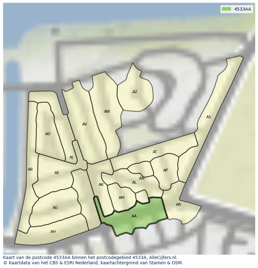 Afbeelding van het postcodegebied 4533 AA op de kaart.