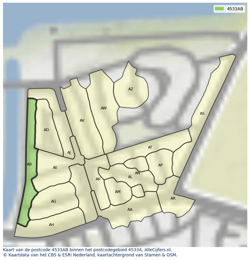 Afbeelding van het postcodegebied 4533 AB op de kaart.