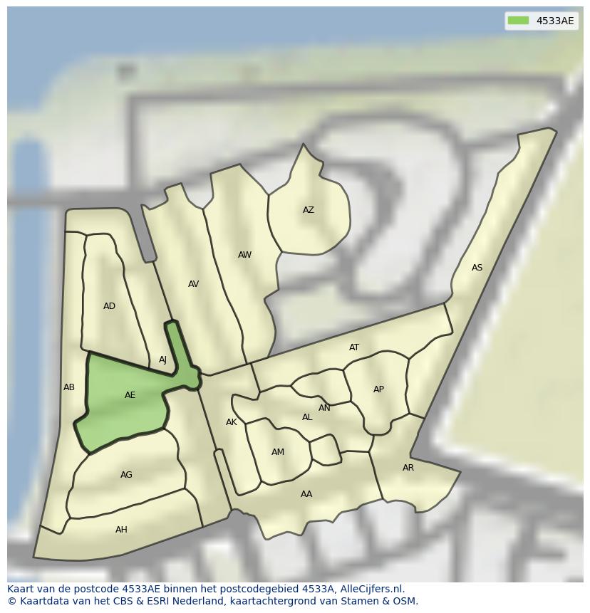 Afbeelding van het postcodegebied 4533 AE op de kaart.