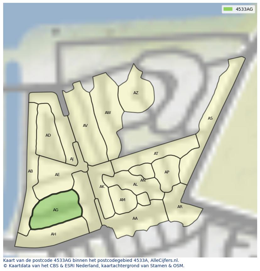 Afbeelding van het postcodegebied 4533 AG op de kaart.