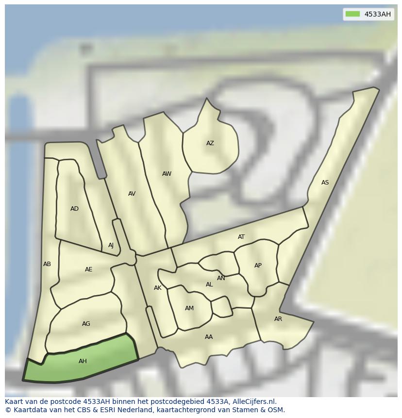 Afbeelding van het postcodegebied 4533 AH op de kaart.