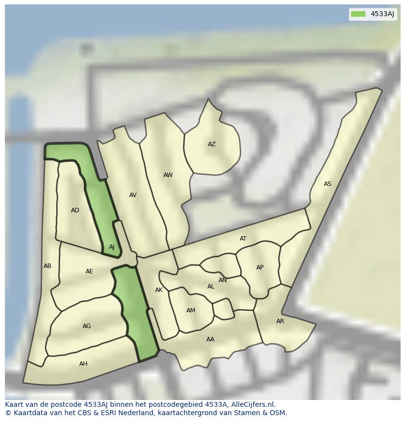 Afbeelding van het postcodegebied 4533 AJ op de kaart.