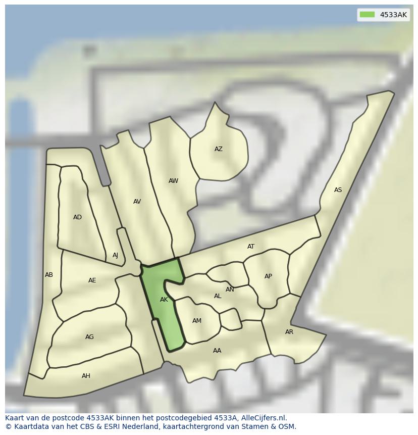 Afbeelding van het postcodegebied 4533 AK op de kaart.