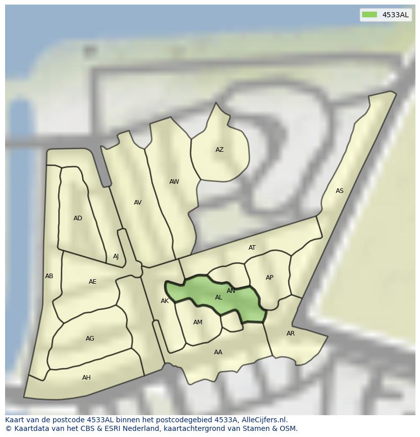 Afbeelding van het postcodegebied 4533 AL op de kaart.
