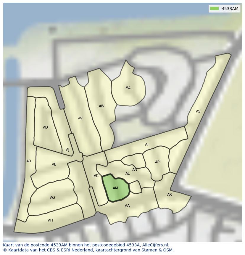 Afbeelding van het postcodegebied 4533 AM op de kaart.