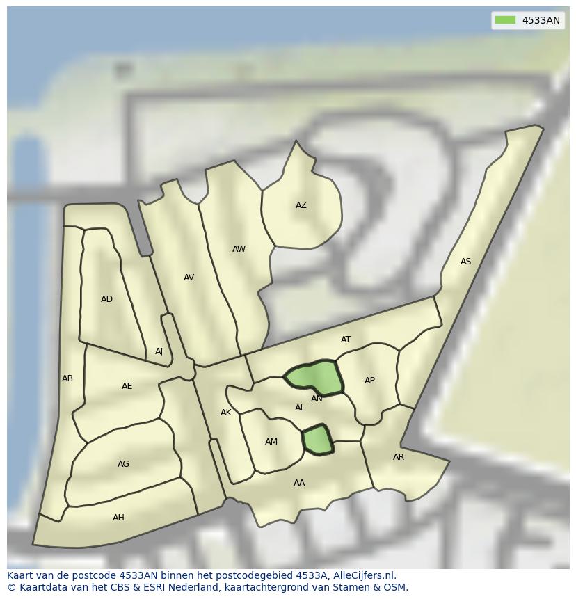 Afbeelding van het postcodegebied 4533 AN op de kaart.