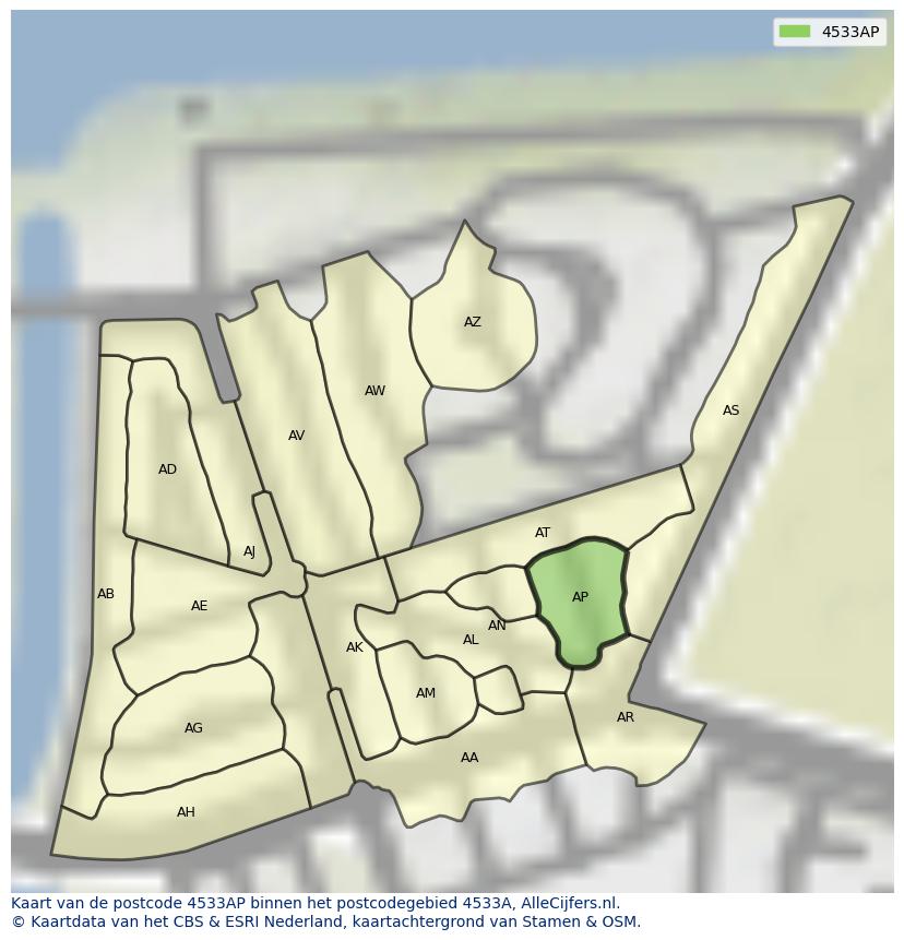 Afbeelding van het postcodegebied 4533 AP op de kaart.