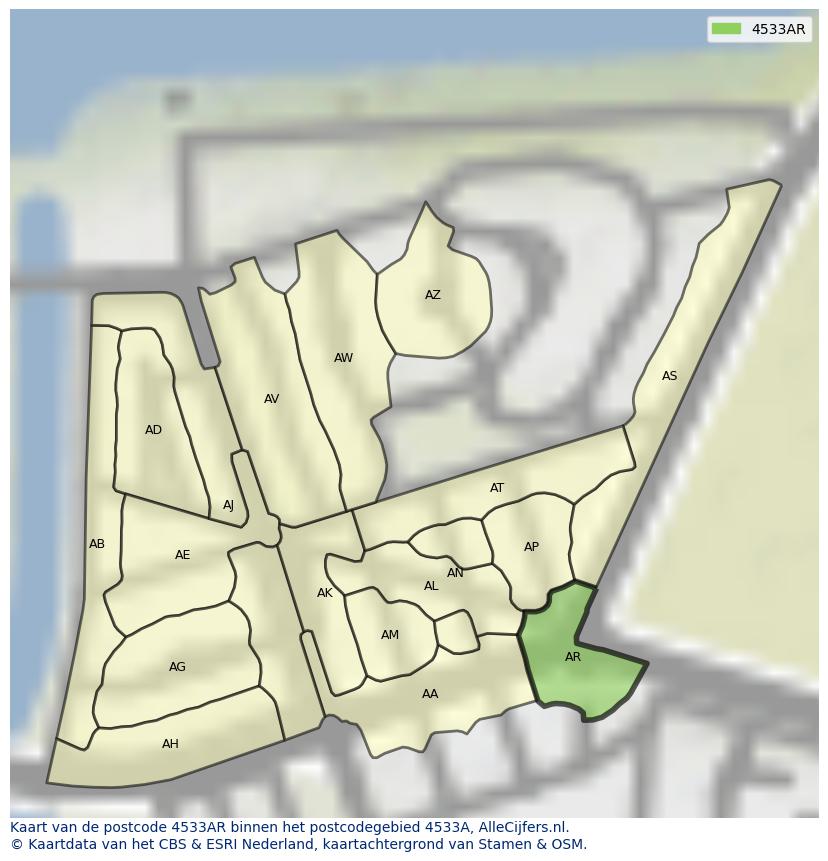 Afbeelding van het postcodegebied 4533 AR op de kaart.