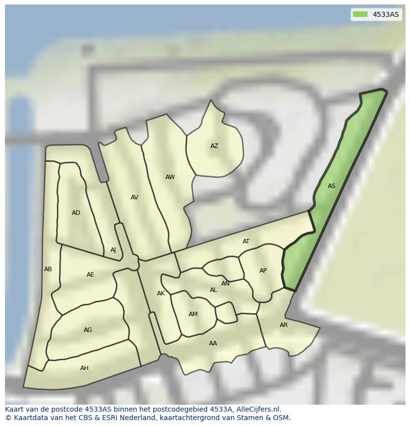 Afbeelding van het postcodegebied 4533 AS op de kaart.