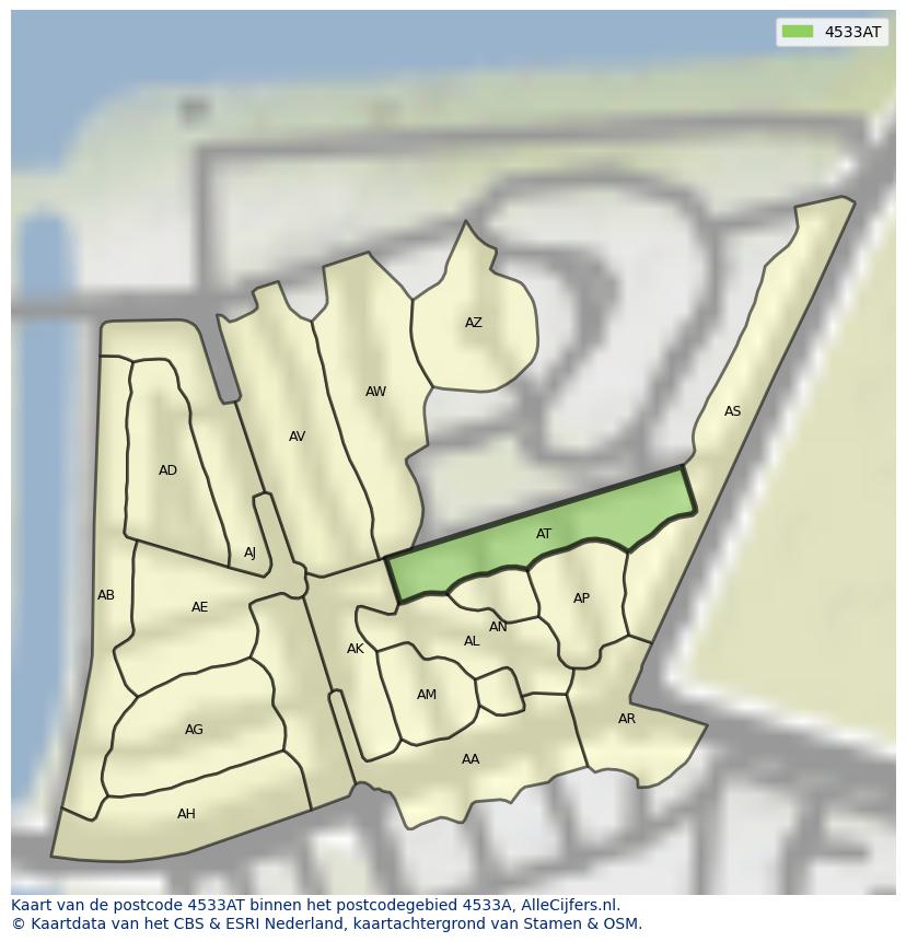 Afbeelding van het postcodegebied 4533 AT op de kaart.