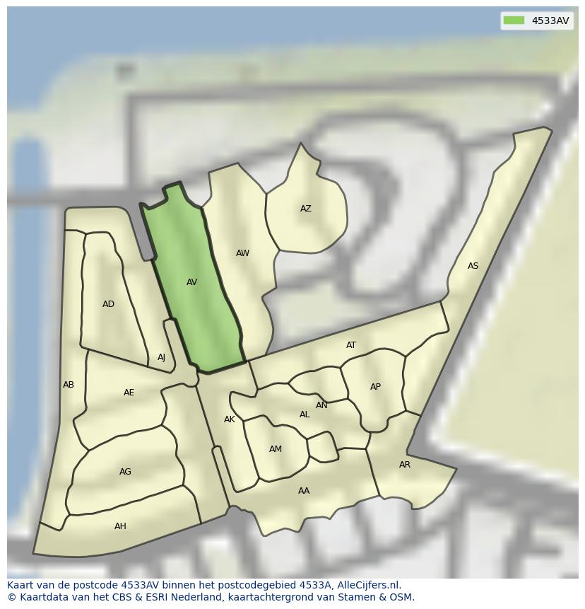 Afbeelding van het postcodegebied 4533 AV op de kaart.