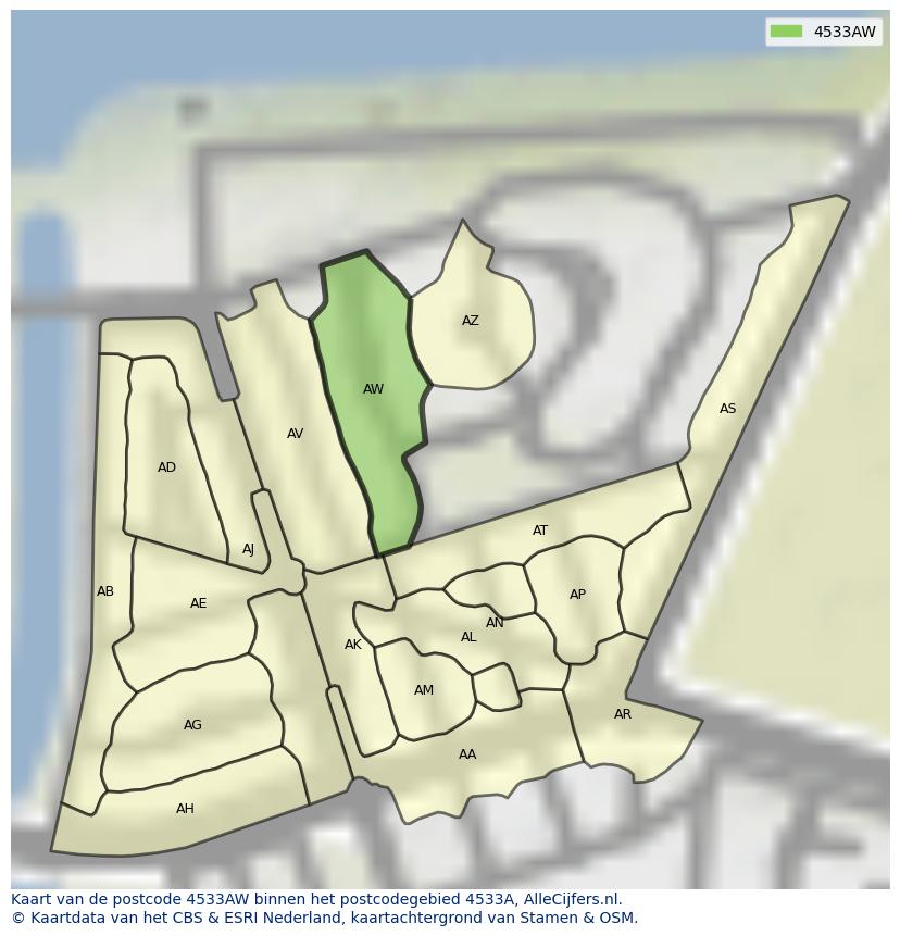 Afbeelding van het postcodegebied 4533 AW op de kaart.