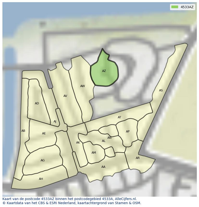 Afbeelding van het postcodegebied 4533 AZ op de kaart.
