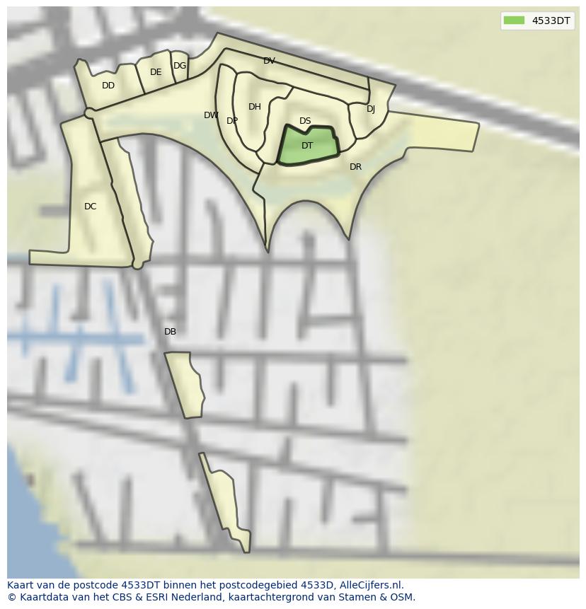 Afbeelding van het postcodegebied 4533 DT op de kaart.