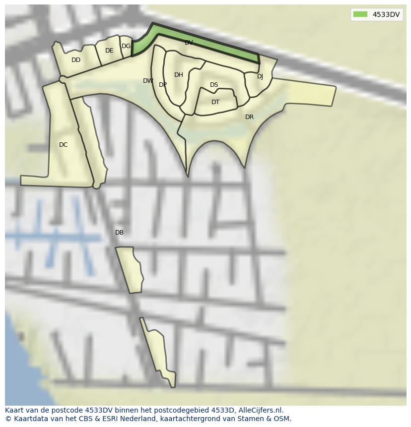 Afbeelding van het postcodegebied 4533 DV op de kaart.