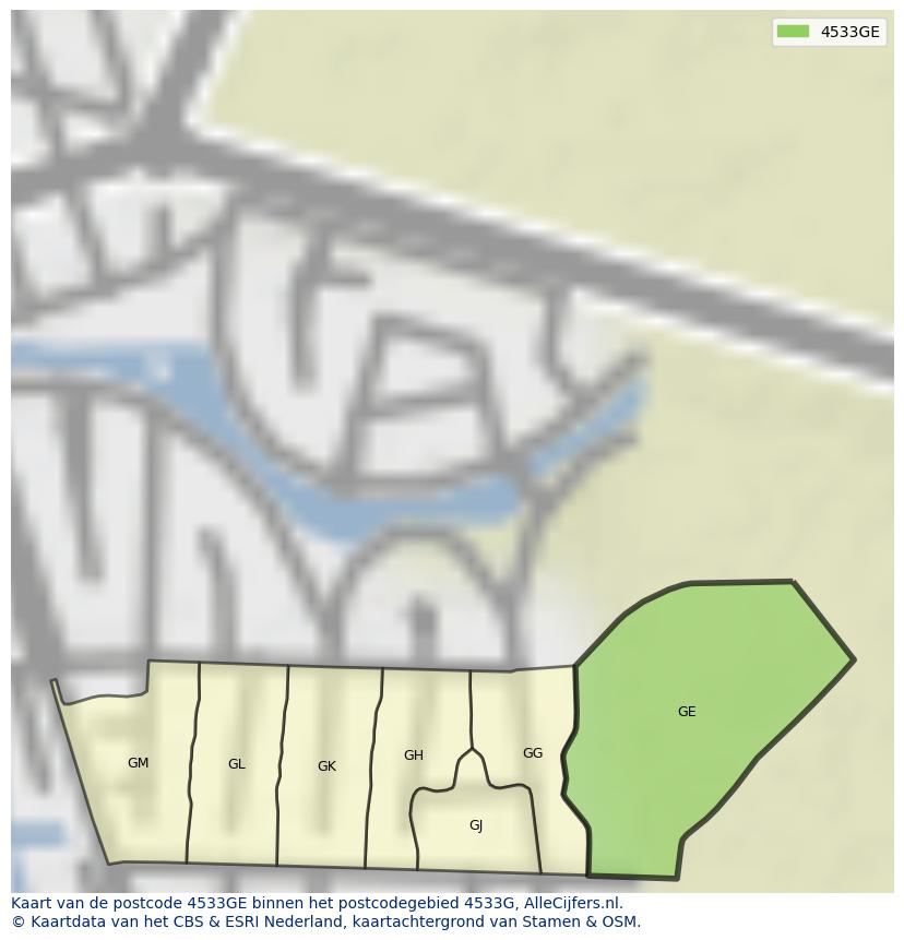 Afbeelding van het postcodegebied 4533 GE op de kaart.