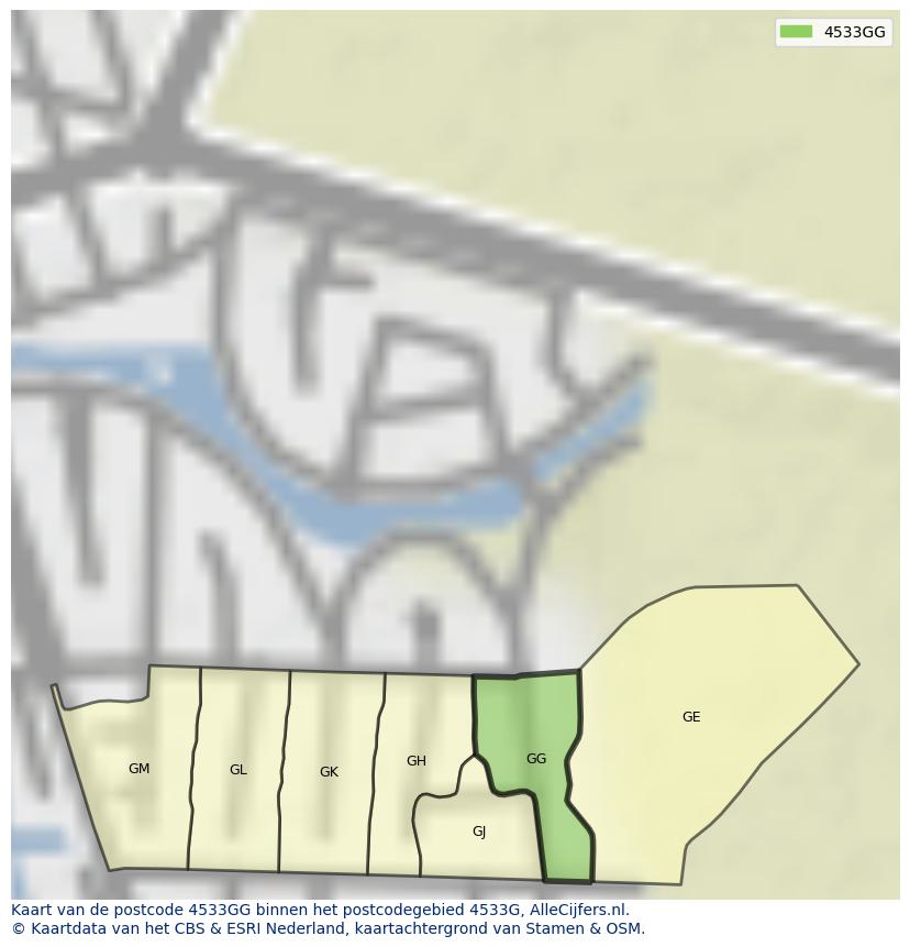 Afbeelding van het postcodegebied 4533 GG op de kaart.