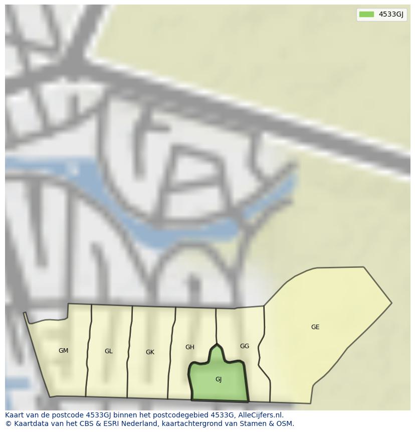 Afbeelding van het postcodegebied 4533 GJ op de kaart.