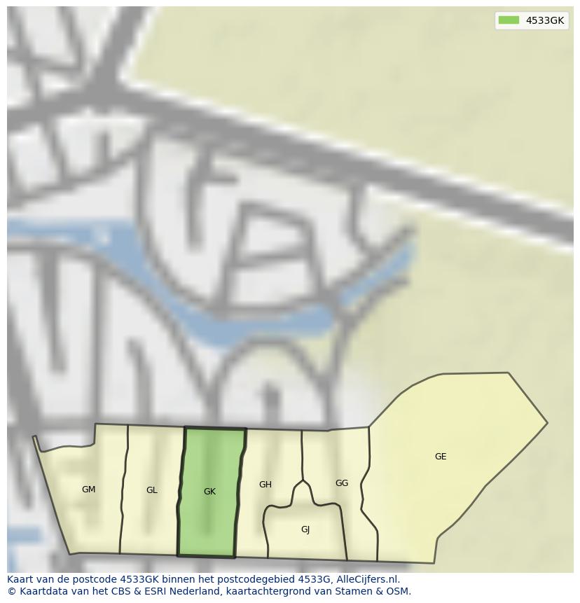 Afbeelding van het postcodegebied 4533 GK op de kaart.