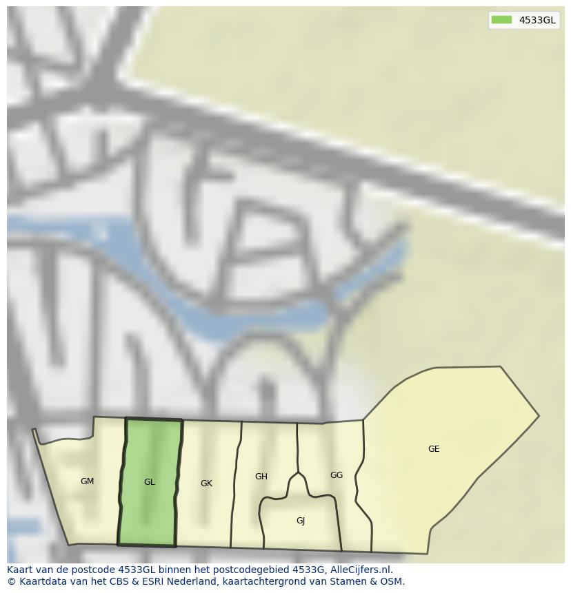 Afbeelding van het postcodegebied 4533 GL op de kaart.