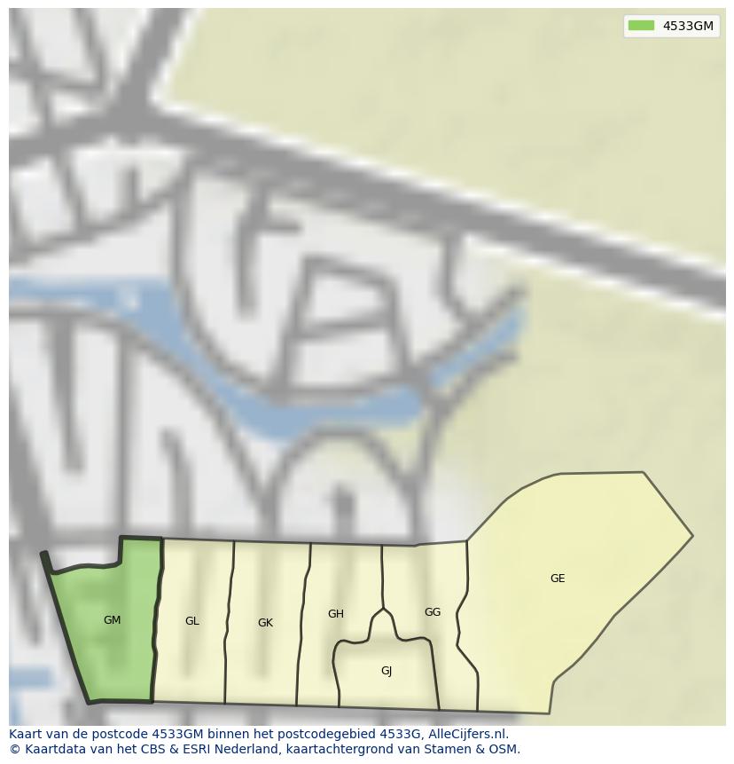 Afbeelding van het postcodegebied 4533 GM op de kaart.